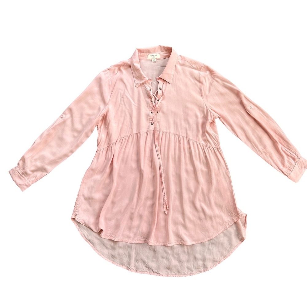 Umgee Lace Up Tunic‎ Women Medium Pink Excellent Boho Babydoll High Low Blouse